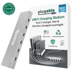 Plugable PS-6CC 6-port USB-C charging station with priority charging labels ranging from highest to lowest.