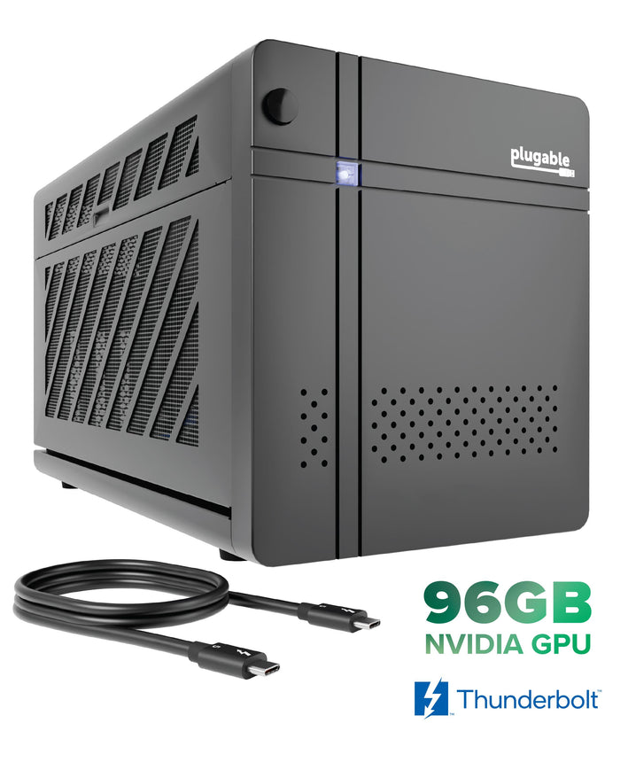 Plugable TBT5-AI96 Thunderbolt 5 AI enclosure with 96GB NVIDIA GPU and included Thunderbolt cable.