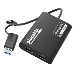Plugable USBC-6950U dual HDMI adapter with USB-C and USB 3.0 host cable, featuring DisplayLink 4K Plug and Display technology