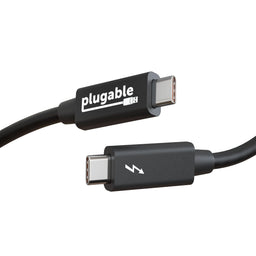 Plugable TBT-TRAN USB-C to USB-C transfer cable with Thunderbolt logo on one connector and Plugable logo on the other.