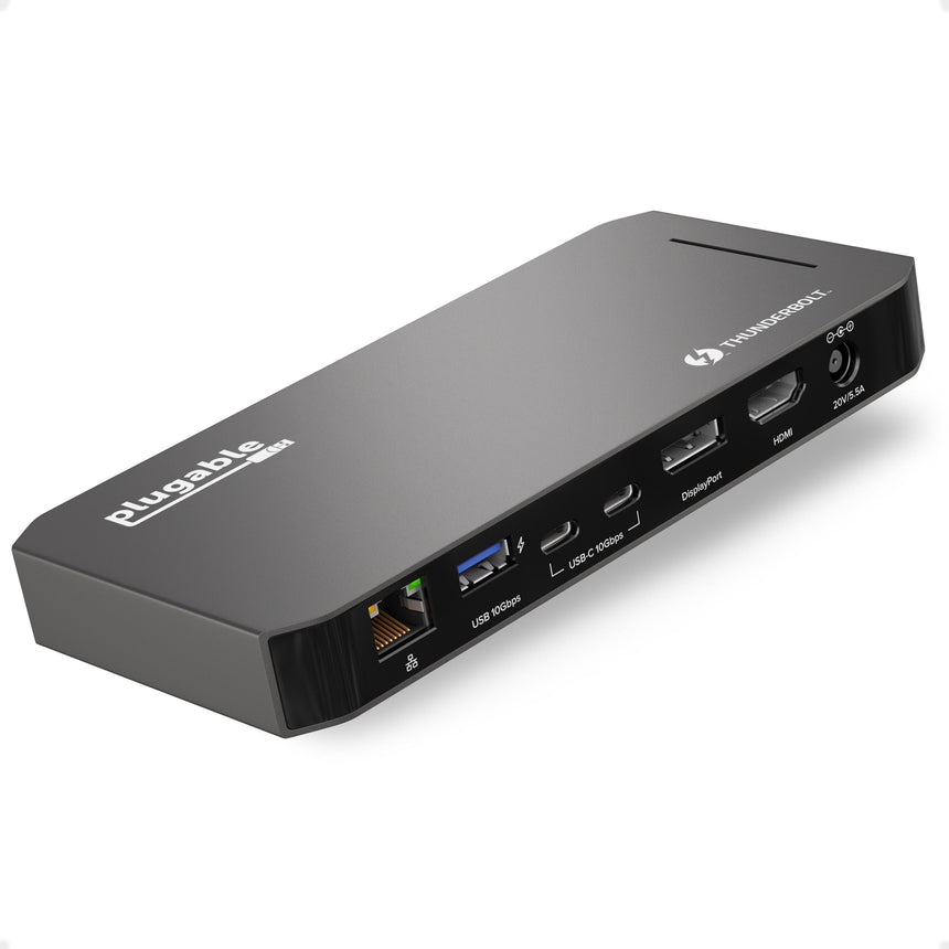 Plugable TBT3-UDC3 dock rear panel: Ethernet, USB 10Gbps, Thunderbolt, two USB-C 10Gbps, DisplayPort, HDMI, 20V/5.5A port.
