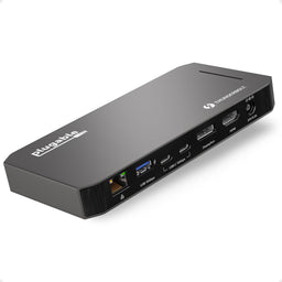 Plugable TBT3-UDC3 dock rear panel: Ethernet, USB 10Gbps, Thunderbolt, two USB-C 10Gbps, DisplayPort, HDMI, 20V/5.5A port.