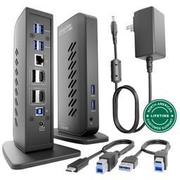 Plugable UD-6950Z docking station with 6 USB 3.0 ports, 2 DisplayPort/HDMI, Ethernet, audio jack, and power adapter.