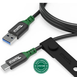 Plugable USB-C to USB-A cable with desk management strap and North American lifetime customer support.