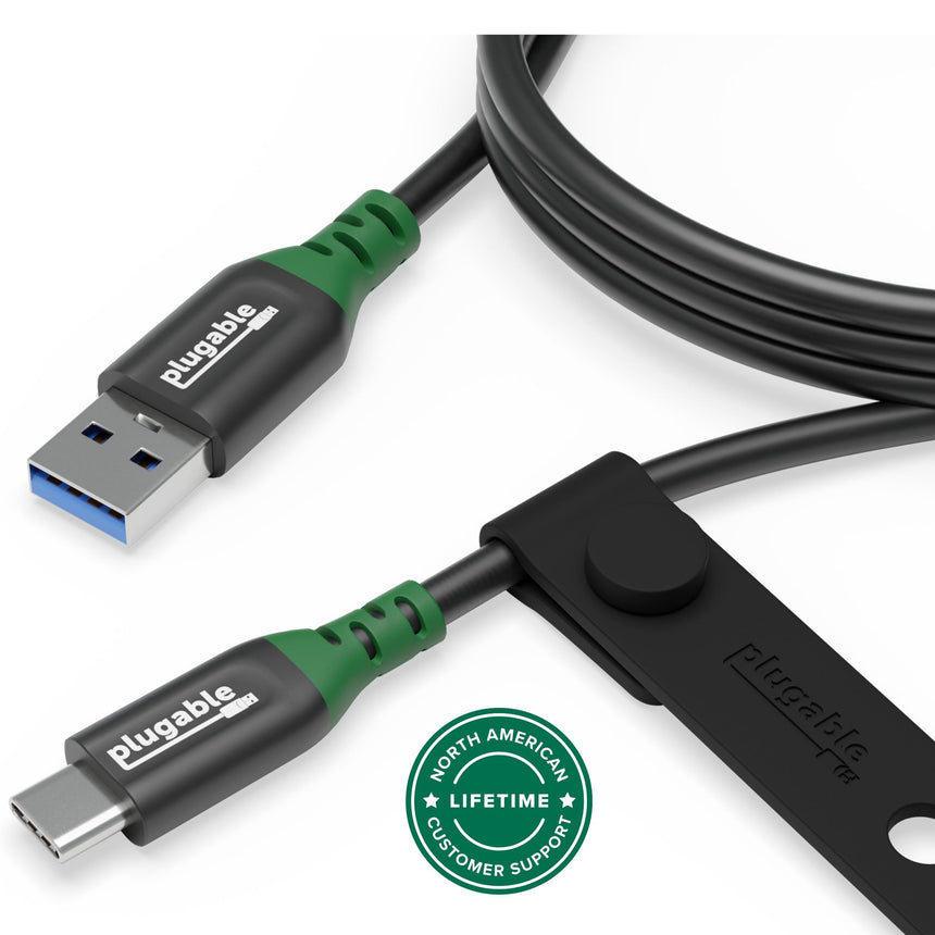Plugable USB-C to USB-A cable with desk management strap and North American lifetime customer support.