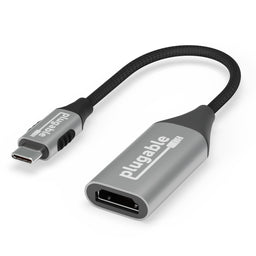 Plugable USB-C to HDMI adapter with braided cable and branded housings.
