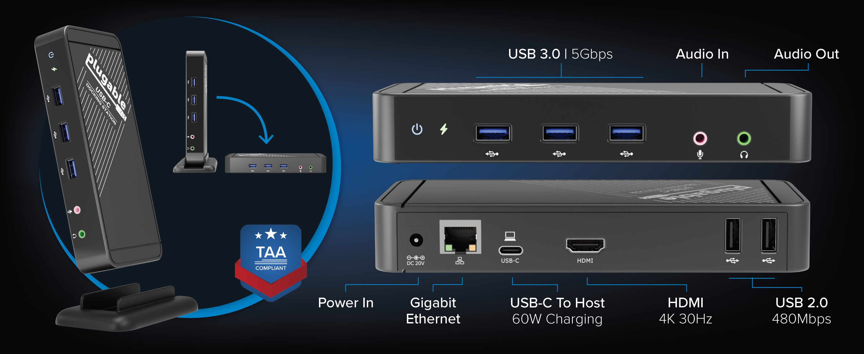Plugable USB-C Docking Station with HDMI, 60W Laptop Charging