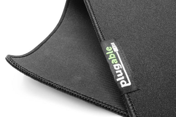 A view of the Plugable Performance mouse pad showing the top and back texture, as well as the stitched-on logo