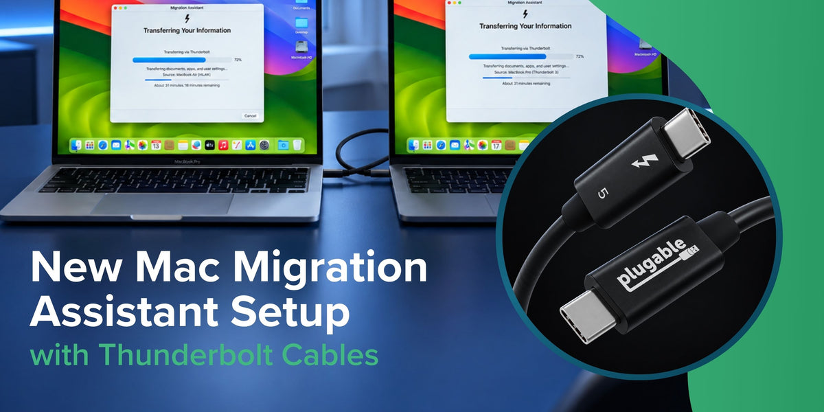 Two MacBooks mid-transfer via macOS Migration Assistant, connected by a Plugable Thunderbolt cable, with a close-up of the cable connector.