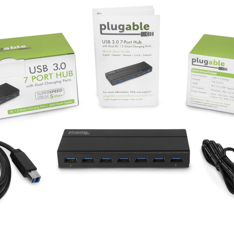 Photo of the USB3-HUB7C and everything included in the packaging.