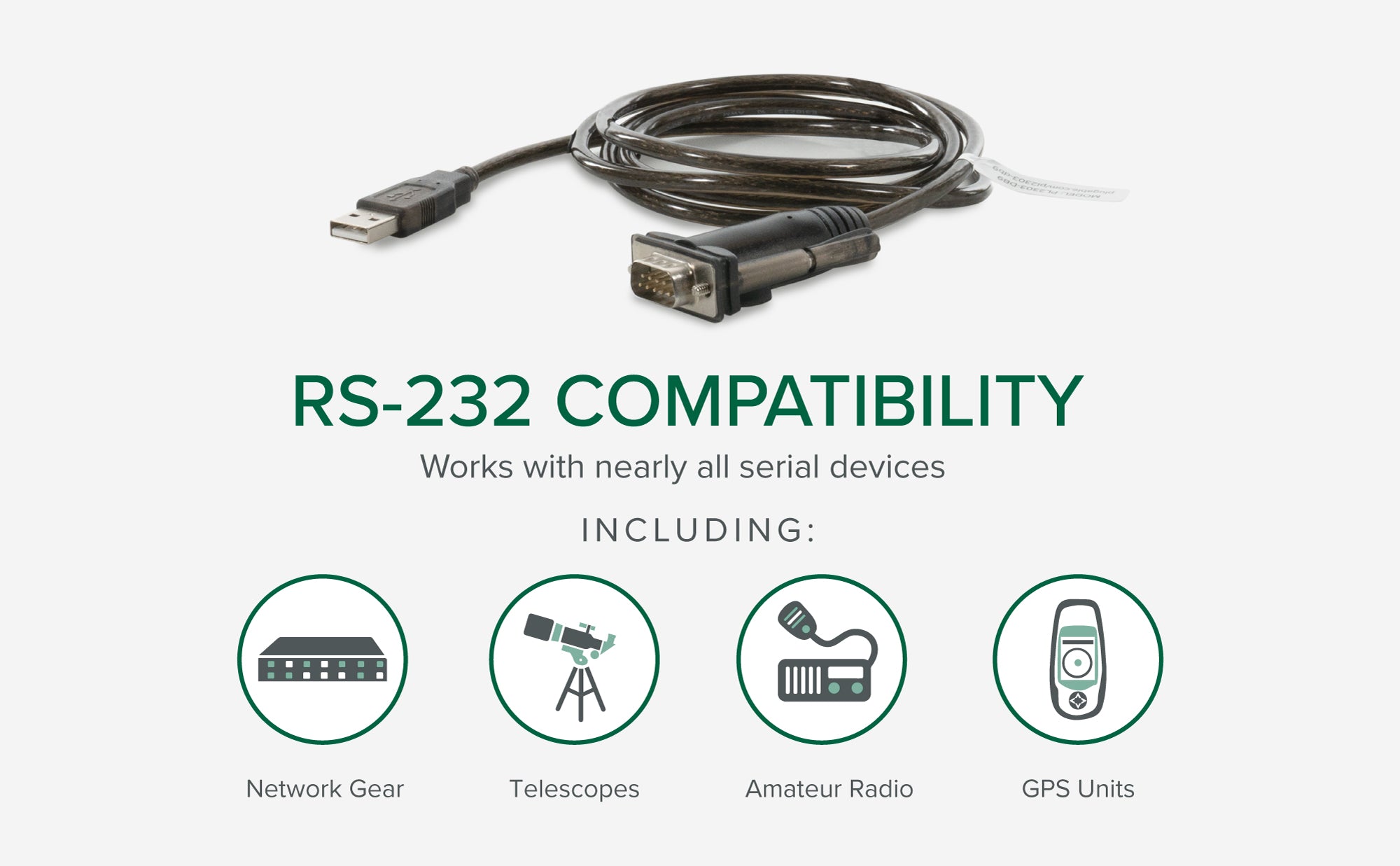RS-232 compatible devices include Network Gear, Telescopes, Amature Radio, GPS units