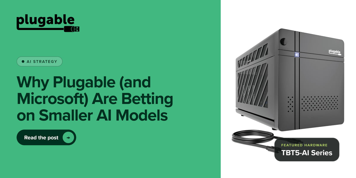 Plugable Thunderbolt 5 Local AI Stack enclosure with its Thunderbolt cable, next to the headline “Why Plugable (and Microsoft) Are Betting on Smaller AI Models” on a green background