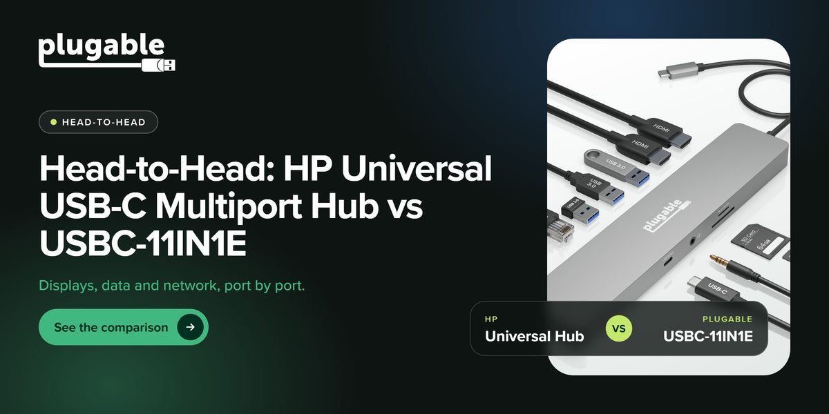 Gray Plugable USB-C hub with cables for two HDMI displays, three USB-A devices, Ethernet, an SD card, a 3.5mm audio jack and USB-C