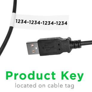 An image of the white product key cable tag attached to the usb-easy-tran transfer cable.
