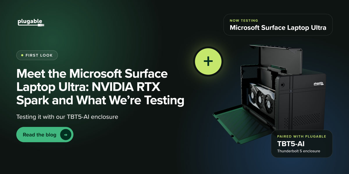 Plugable TBT5-AI Thunderbolt 5 enclosure with its side panel open, showing a desktop graphics card inside, next to the headline "Meet the Microsoft Surface Laptop Ultra: NVIDIA RTX Spark and What We’re Testing"