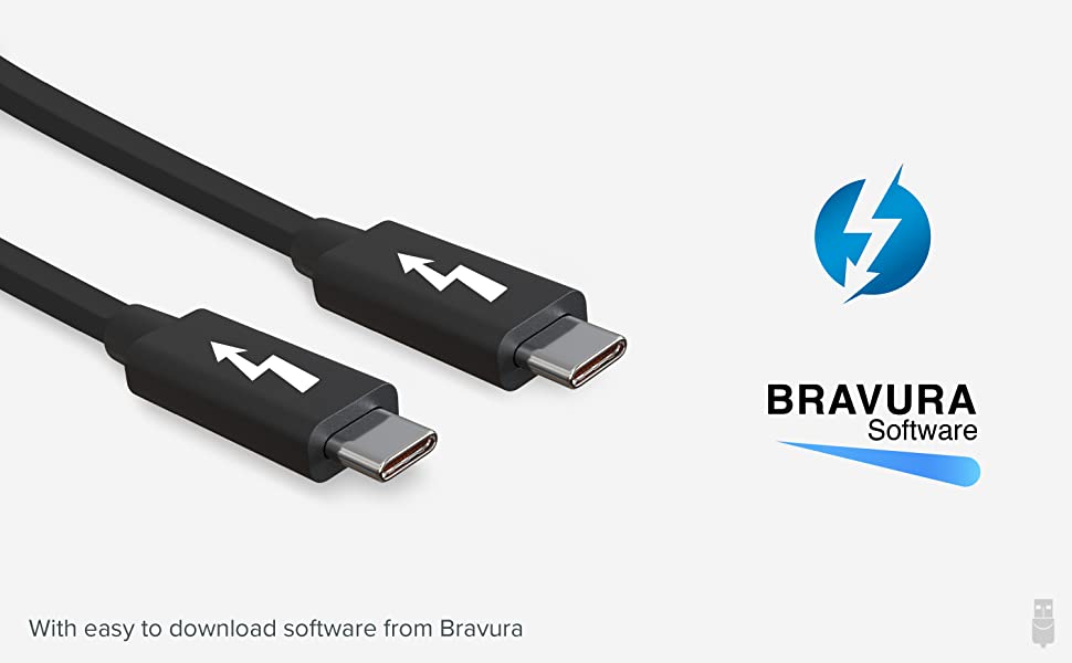 An image of the TBT-TRAN cable pictured next to the Thunderbolt and Bravura Software logos.