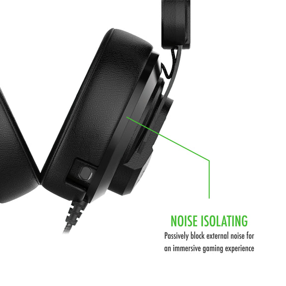Image highlighting the noise isolation properties of the Plugable Performance Onyx (TRRS-HS53) headset's earcups