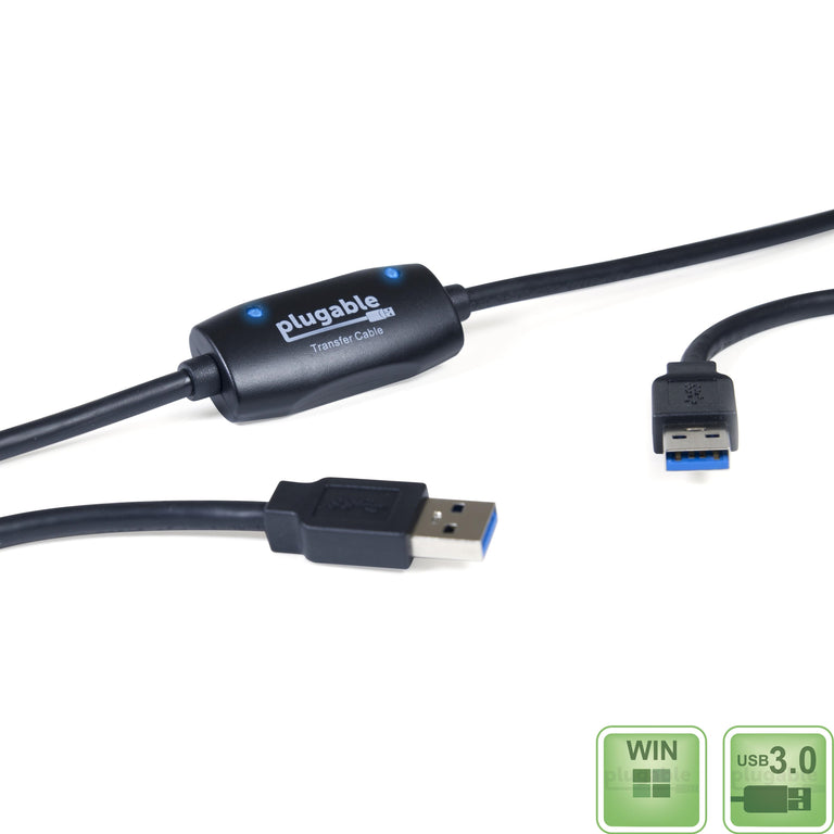 Picture of the USB 3.0 easy transfer cable with icons indicating the USB version and that it is compatible with Windows