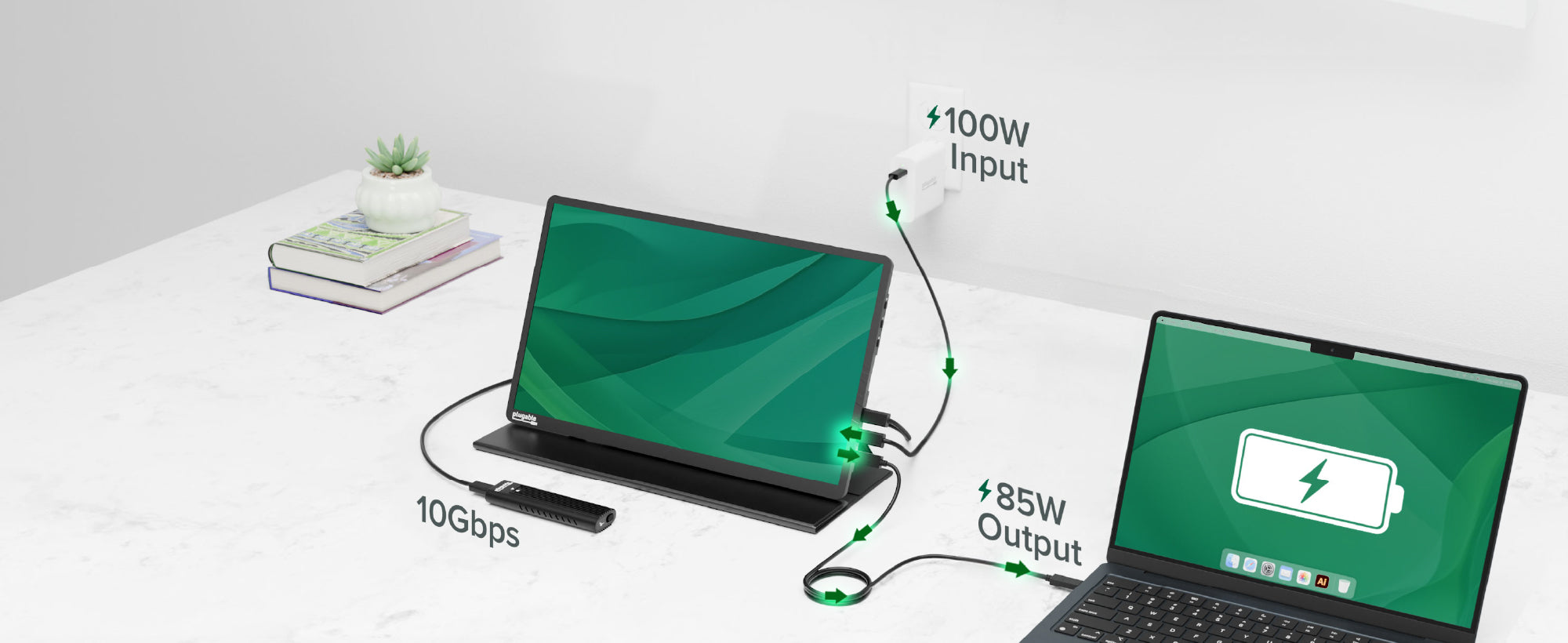 Image displaying the USBC-PDMON accepting 100W power input, providing 85W charging to the connected host computer, and connecting a 10Gbps USB-C peripheral.