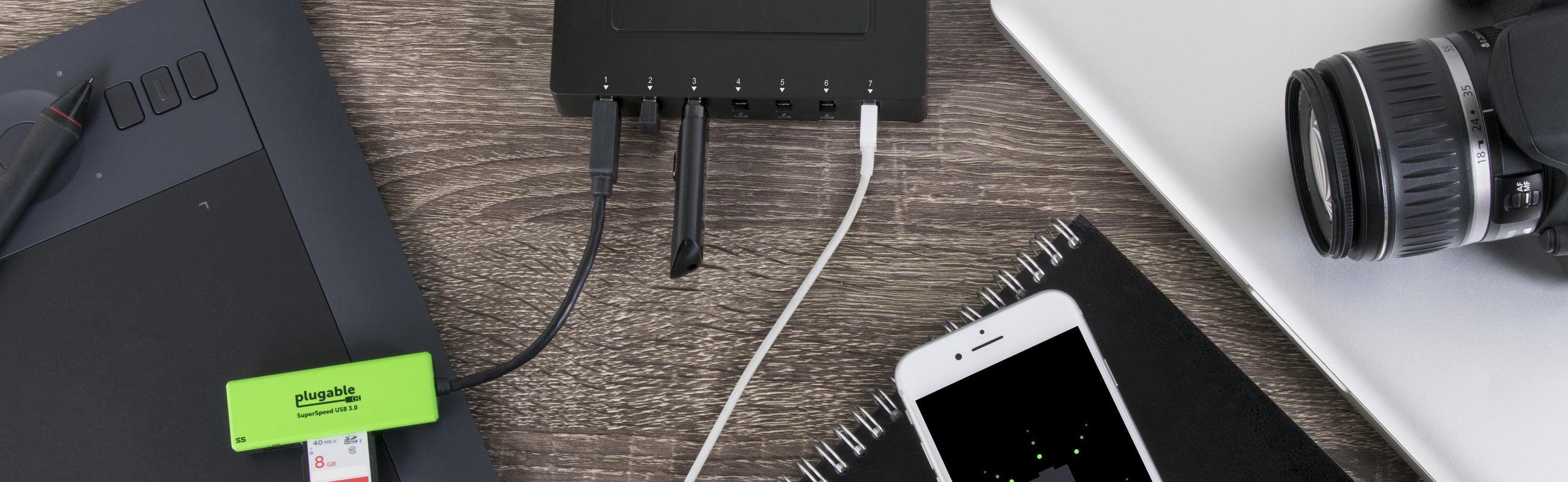 Plugable USB2-HUB7BC with multiple devices plugged in