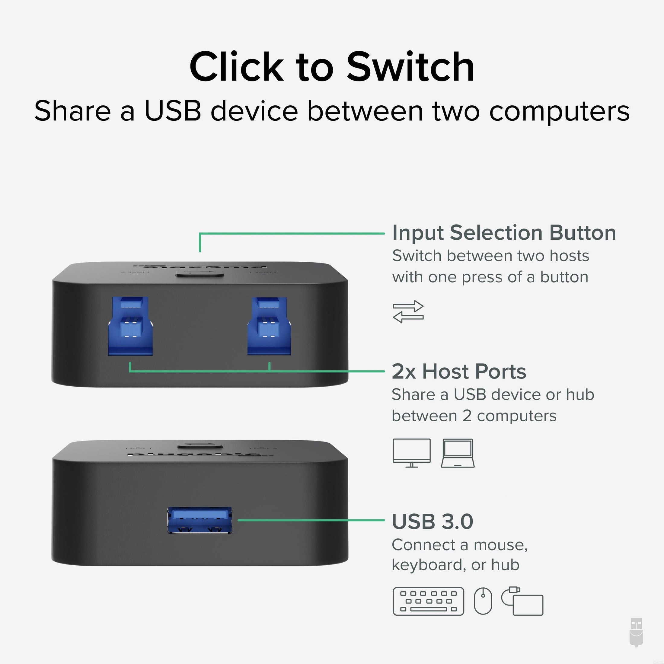 UGREEN USB 3.0 Switch Selector 2 Computers Share 4 USB 3.0 Ports KVM  Switcher USB for PC Laptop Keyboard Mouse Printer Scanner One Button Switch