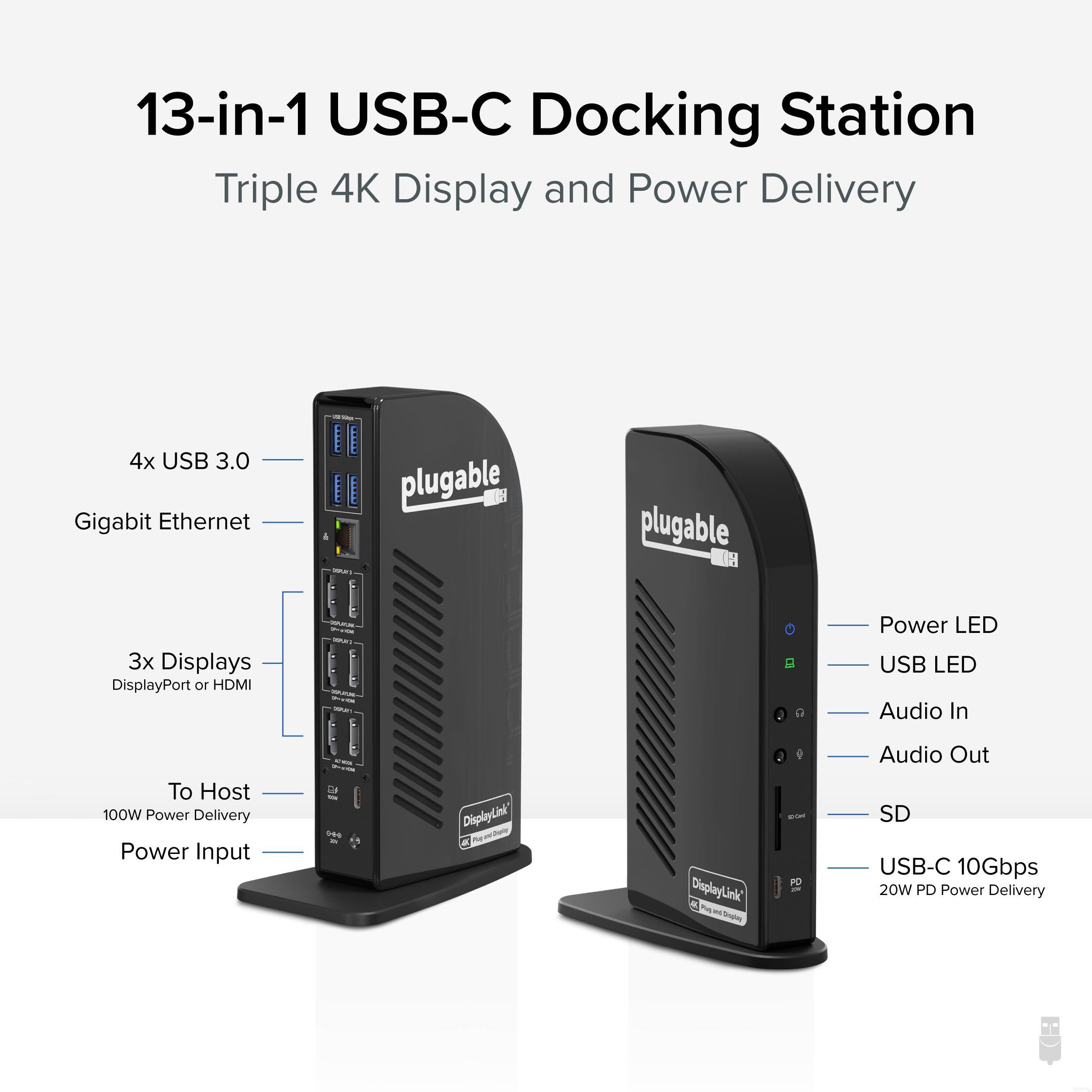 Plugable USB-C Triple 4K Monitor Docking Station with 100W Laptop Charging