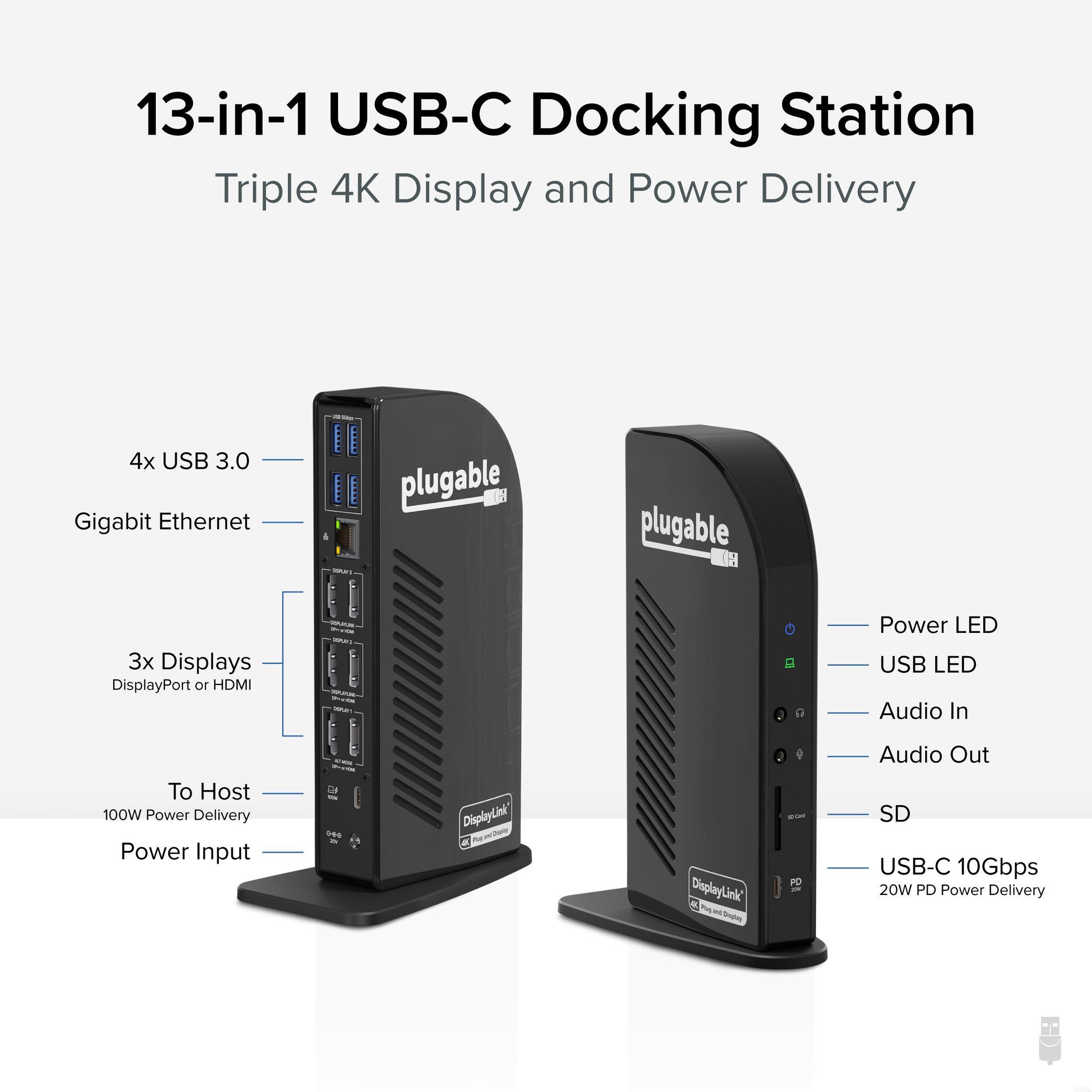 Plugable USB 3.0 and USB-C Universal Laptop Docking Station with 2 HDMI  Ports for Windows, Mac, and ChromeOS (Gigabit Ethernet, Audio, 6 USB Ports)