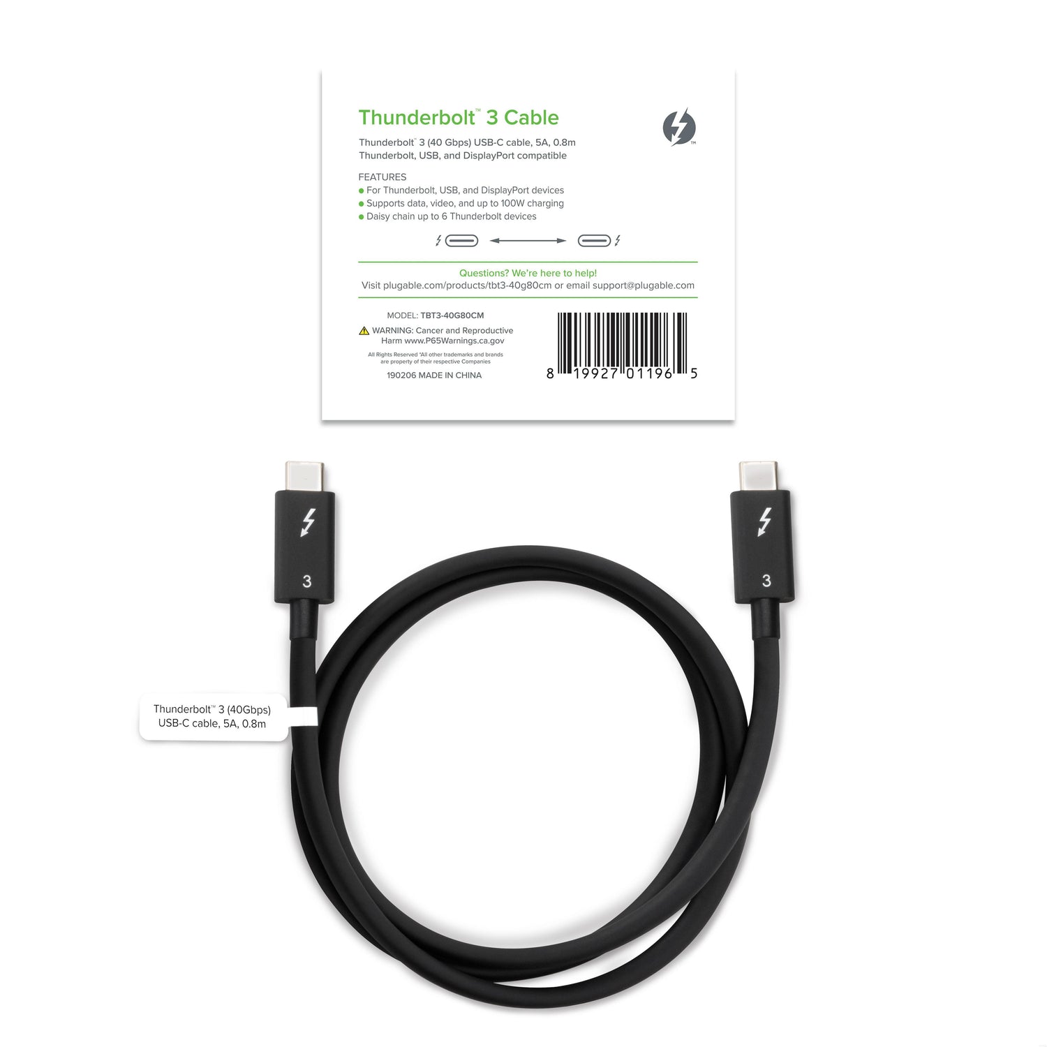 Plugable Thunderbolt 3 Cable (40Gbps, 2.6ft/0.8m) Plugable Technologies